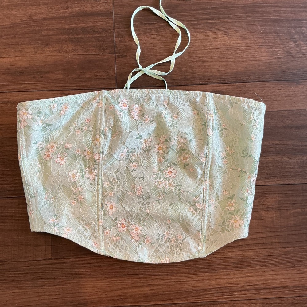 Tic Toc Corset Top Mint Green Floral Lace Halter Lace Up Back Large